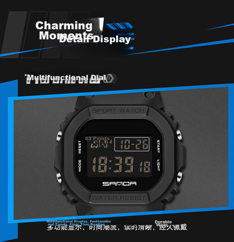 Wodu Youth Square Digital Sports Multifunction Alarm Clock Waterproof Boys Watch for Middle and High School Students Kids 20