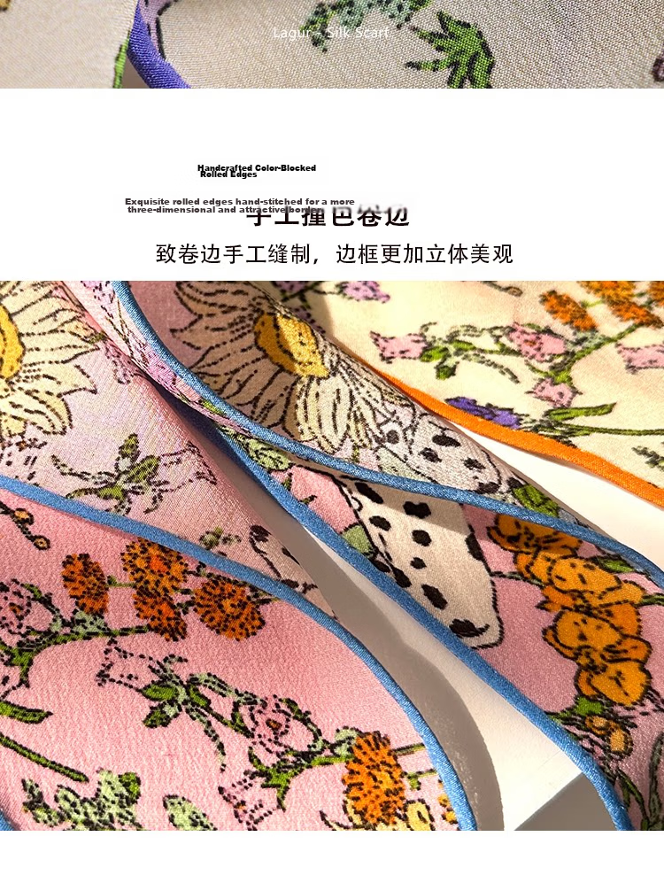 Lagur "French Wonderland" 100% Mulberry Silk Small Scarf 12 Momme Silk Triangle Neck Scarf Spring Autumn Cream Yellow 9