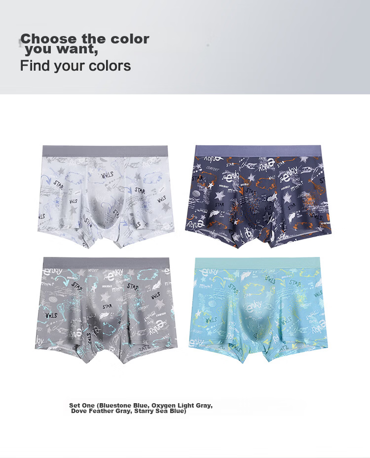 Hodo Men's Underwear 10A Antibacterial Pure Cotton Crotch Smooth Ice Silk Stretch Breathable Trendy Printed Boxer Briefs 4-Pack 12
