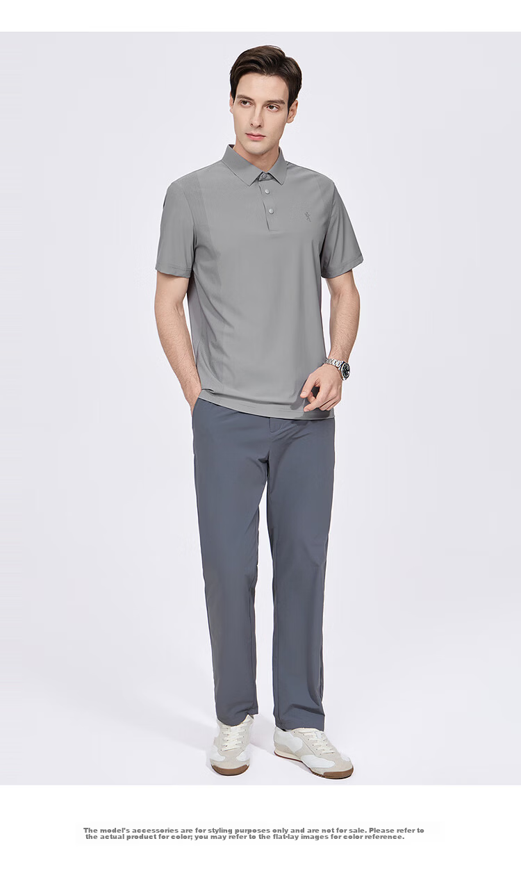 Dance with Wolves [Cool to the Touch] Lightweight High Elasticity Turn-down Collar Summer Small Check Ice Silk Short Sleeve Polo Shirt Men 008 Green Gray L 12