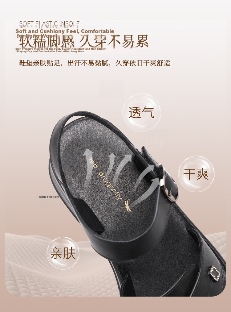 Red Dragonfly Women's Summer Sandals Thick Sole Cowhide Soft Sole Mom Shoes Middle-aged and Elderly Commuter Beach Shoes WTK265001 Black Size 37 6