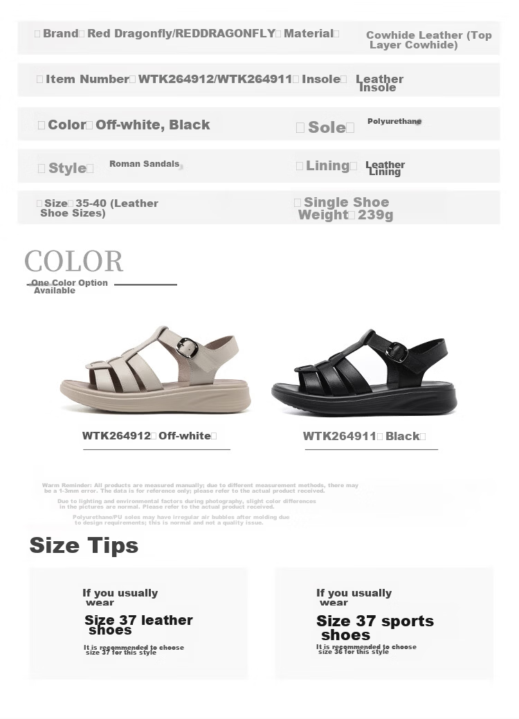 Red Dragonfly Women's Soft Sole Open Toe Leather Roman Sandals Breathable Height Increasing Velcro Clogs WTK264911 Black Size 38 10