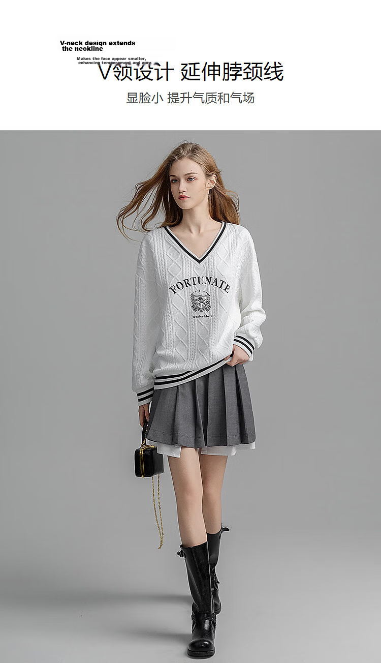 Demana British College Style Spring Autumn New V-Neck Drop Shoulder Long Sleeve Letter Color-Block Embroidered Striped Sweatshirt for Women 5