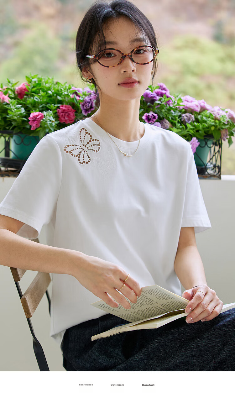 Vimly Butterfly Hollow Embroidery Cotton Short Sleeve T-Shirt Women Summer New Loose Fit Casual Round Neck Top Cloud White L 20