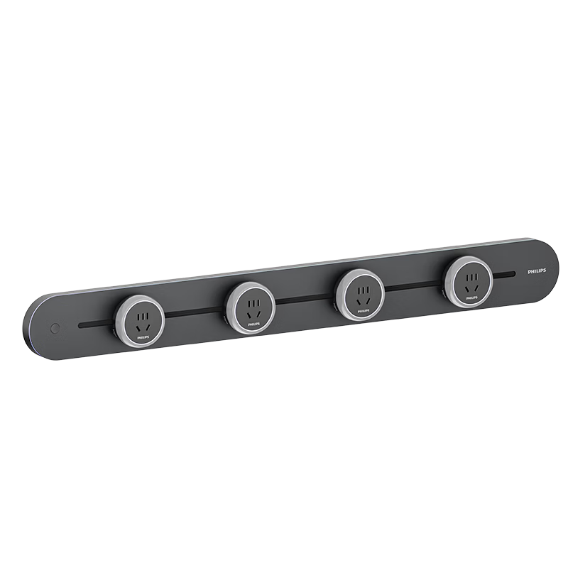 PHILIPS Slim Track Socket Ambient Light Power Strip Wall-Mounted Wireless Slot-Free Sliding Rail Socket Panel 75cm with 4 Adapters Black