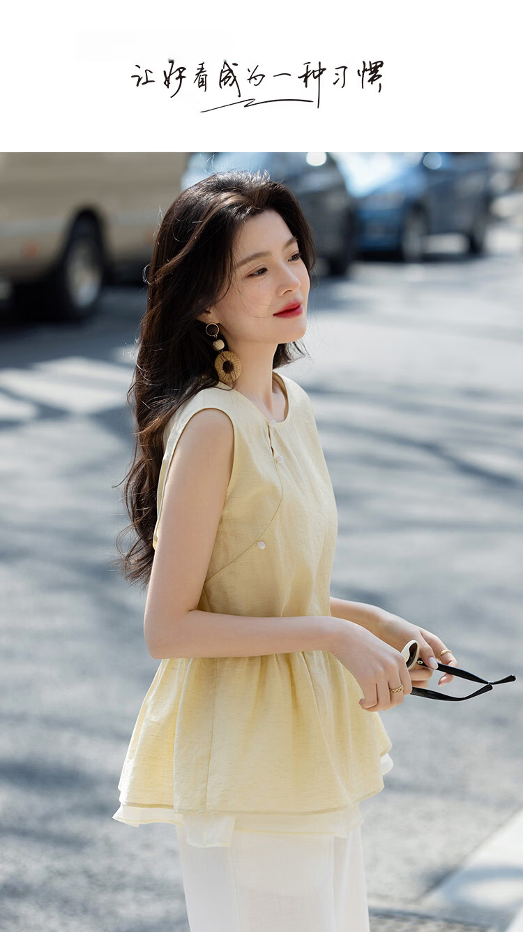 Demana [With Linen] Summer National Style New Chinese Round Neck Asymmetric Double-Layer Spliced A-Line Slimming Shirt for Women Premium Feel 1