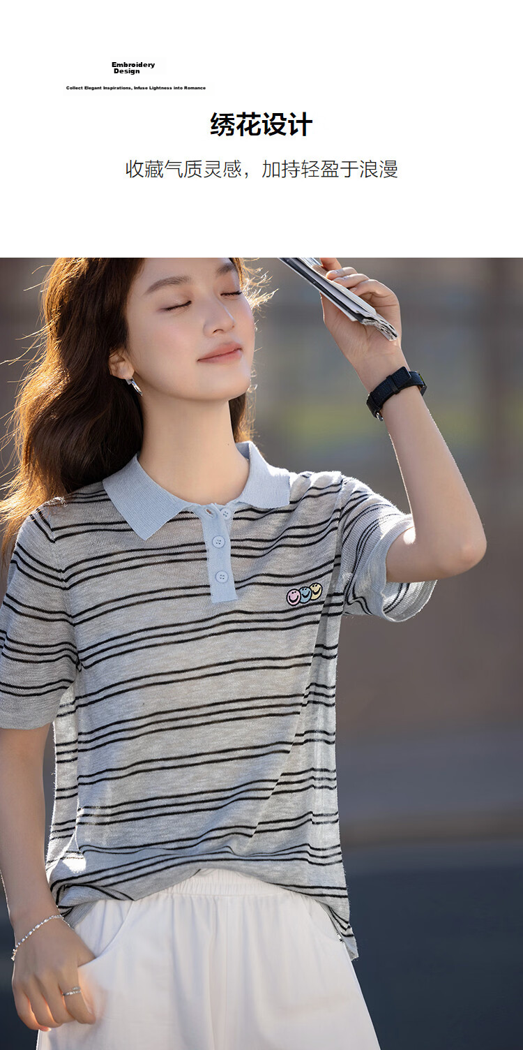 Demana [Smart Academy] Summer Retro Colorblock Polo Collar Striped Embroidered Slimming Concealing Knit Short Sleeve Top for Women Premium 6