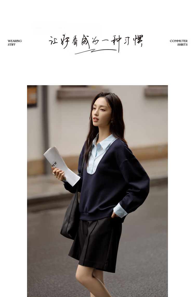 Demana [Smart Moment] Spring Cloud Cotton Patchwork Fake Two-Piece Drop Shoulder Petite Women's Sweatshirt 9