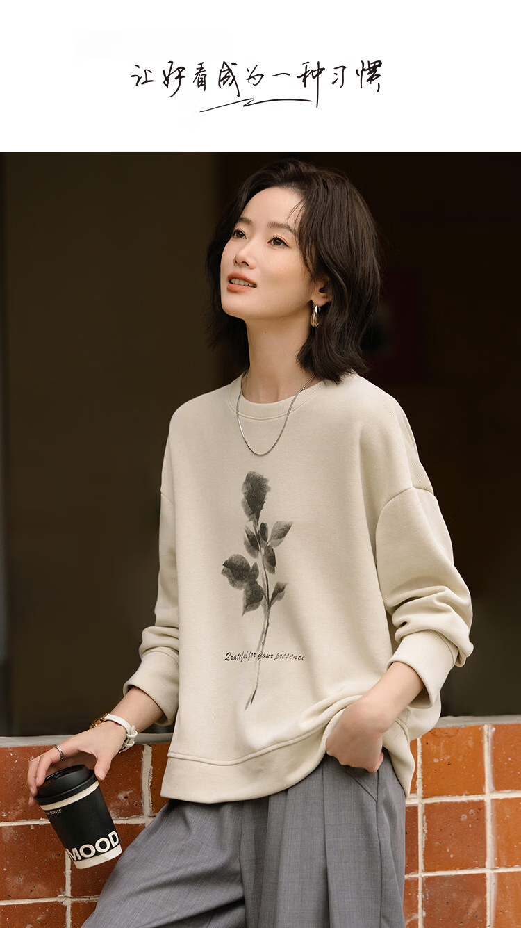 Demana [Cloud Feel Cotton Blend] Spring Korean Style Illustration Crewneck Printed Loose Fit Petite Women's Sweatshirt 1