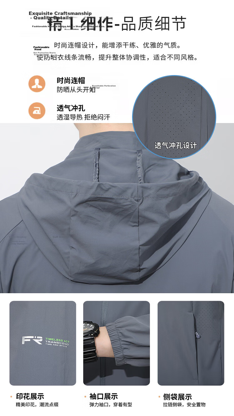 ROMON Men's Sunscreen Jacket Summer Ice Silk Quick-Dry Lightweight Breathable Casual Outdoor Fishing Coat Dark Gray M 8856 5