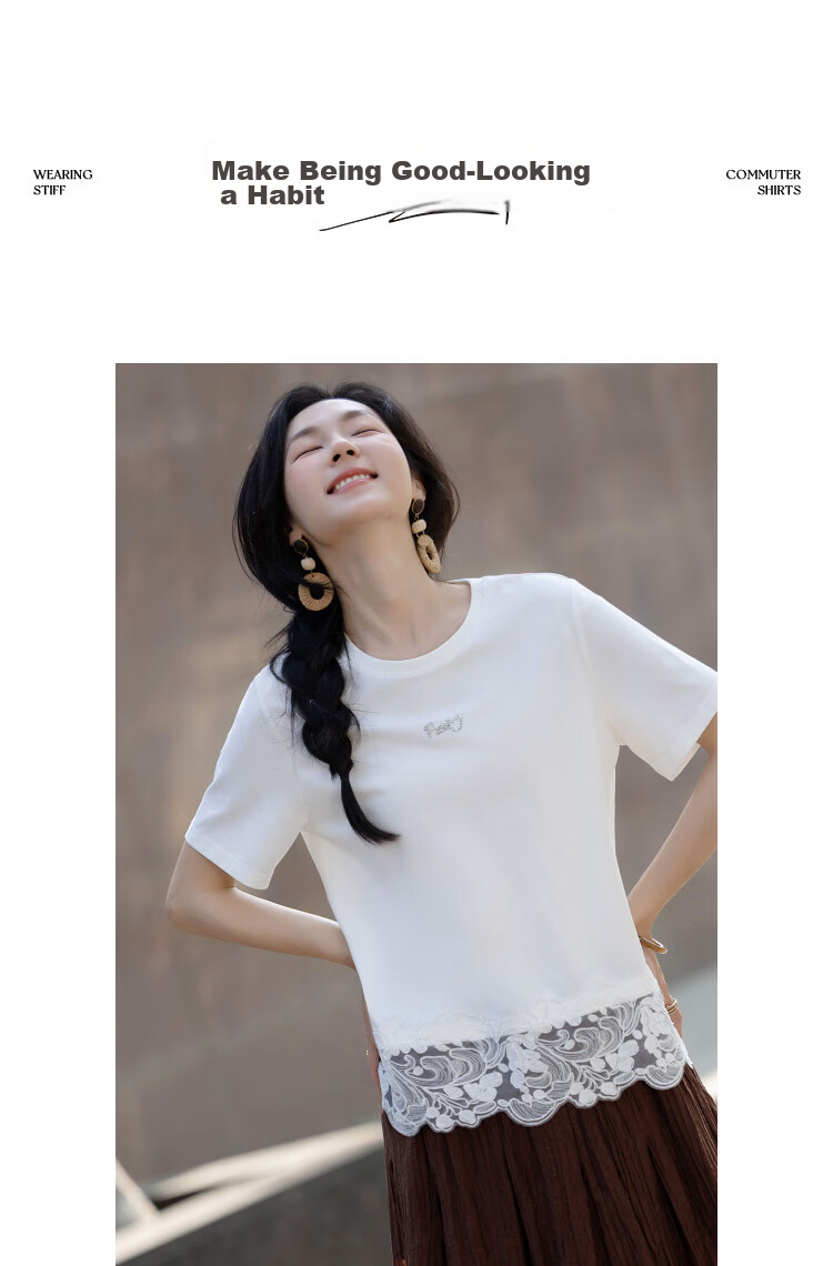 Demana [Qinshuang Solona] Summer Simple Style Rhinestone Lace Trim Letter Slim Fit T-Shirt for Women Premium Feel 10