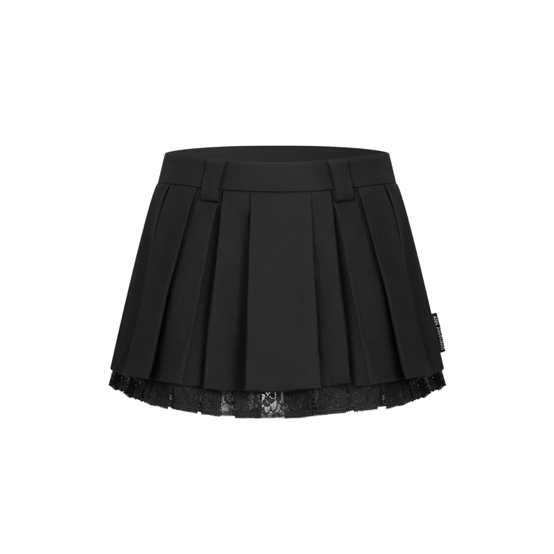ANN ANDELMAN Lace Splice Blazer Fabric Double-Layer Pleated Skirt Black Elegant Versatile Midi Skirt Black M