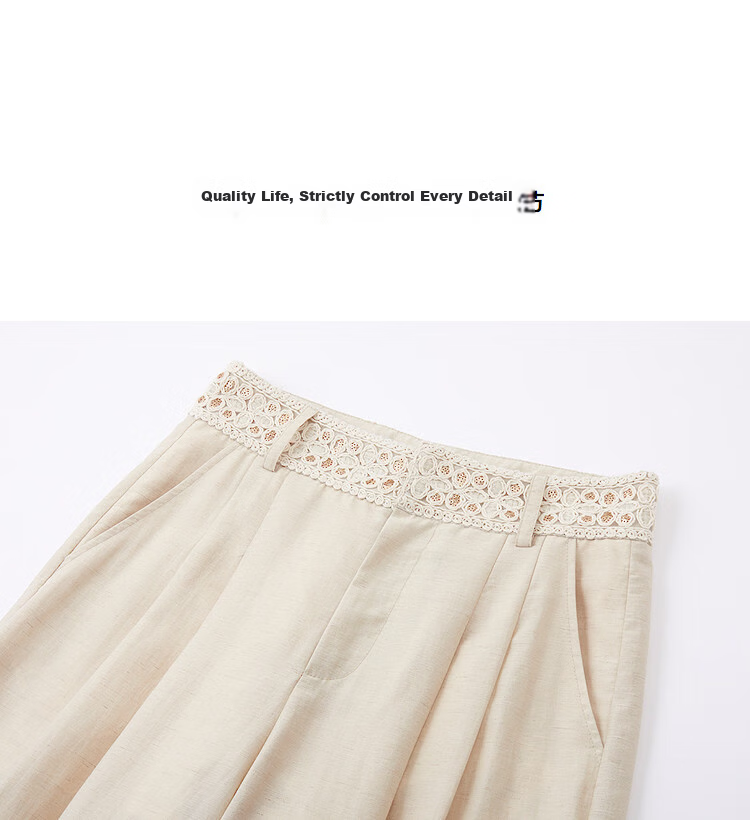 Demana Breathable Linen Vintage High-Waist Lace-Trim Drawstring Petite Women's Wide-Leg Casual Pants Spring 11