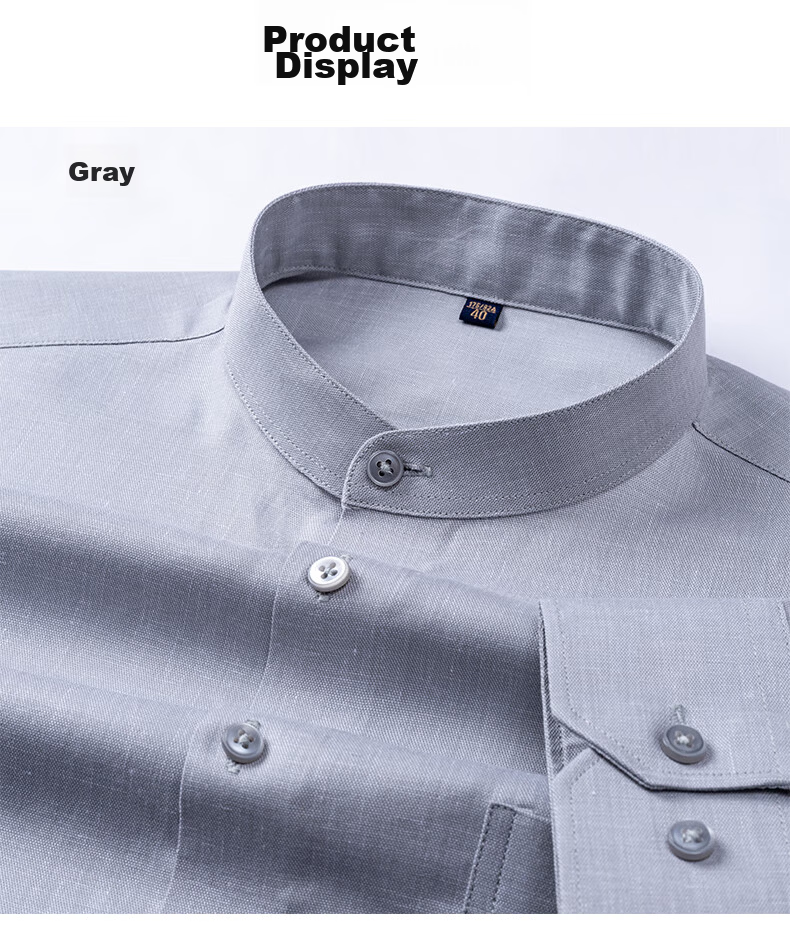 FIRS Linen & Tencel Men's Long Sleeve Shirt Breathable Easy Care Cotton Linen Stand Collar Shirt Gray 40 9