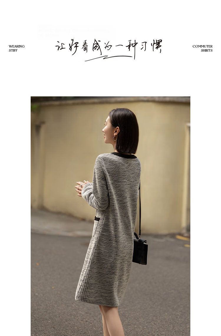 Demana [Smart Sensory Woman] Spring Small Fragrance Style Color-Block V-Neck Faux Pocket Long Sleeve Petite Women's Dress 10