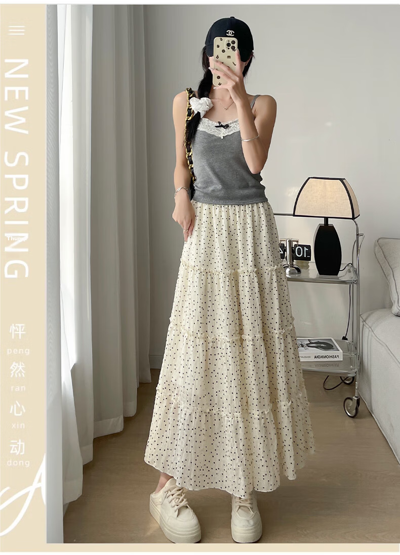 Langsha French Style White High-Waist Elastic Waist A-Line Polka Dot Long Skirt Japanese Style Cake Skirt for Women 2026 Summer 3