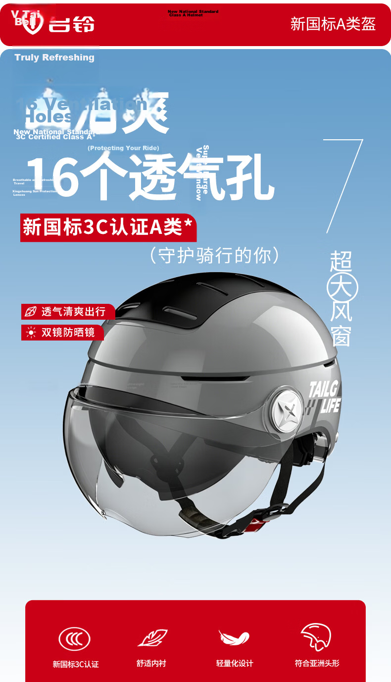 Tailg Helmet Motorcycle Electric Bike Helmet Unisex Summer Riding Half Helmet 3C Certified Skylight Model - Black 1