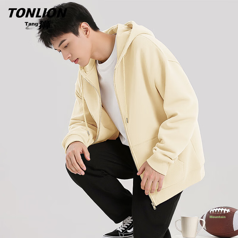 TonLion Men's Zipper Hoodie Cardigan 2026 Spring New Loose Fit Hooded Jacket Casual Solid Color Versatile Menswear