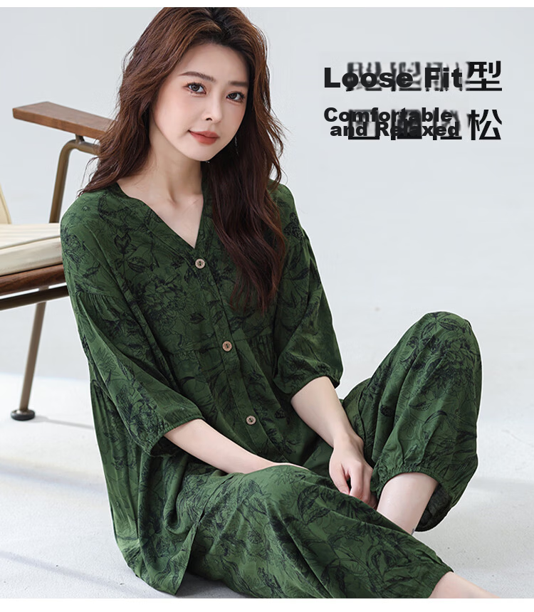 LangSha Women's Plus Size Comfortable Breathable Cotton Satin Pajama Set Casual Wear Artificial Cotton Middle-aged and Elderly Mom Homewear 4