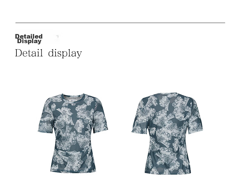 JUZUI AnnaKou Elegant Lace Printed Pleated Round Neck Waist Cinched Tulle Short Sleeve Women's Summer Top Floral Green Gray M 12