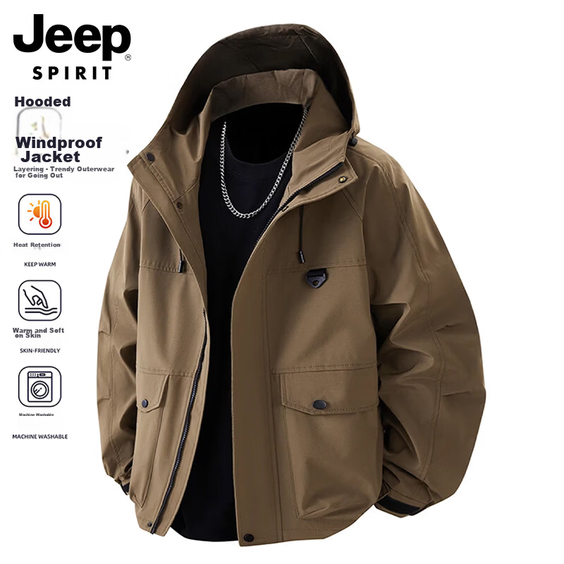 JEEP SPIRIT Men's Windproof Hooded Work Jacket Spring Casual Functional Jacket Brown M