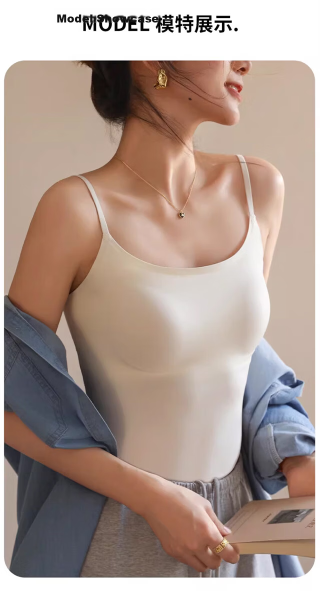 Xueqiman Ice Silk Camisole with Built-in Bra Pad, Wireless Bra-Free, Pink Nude Tone, Backless Innerwear, Layering and Outerwear Top for Women 15