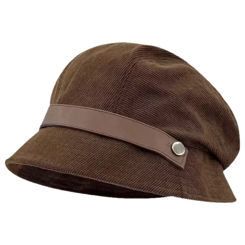 Corduroy Fisherman Hat with Belt Deepening Face Slimming Maillard Color Autumn Winter New Windproof Coffee One Size