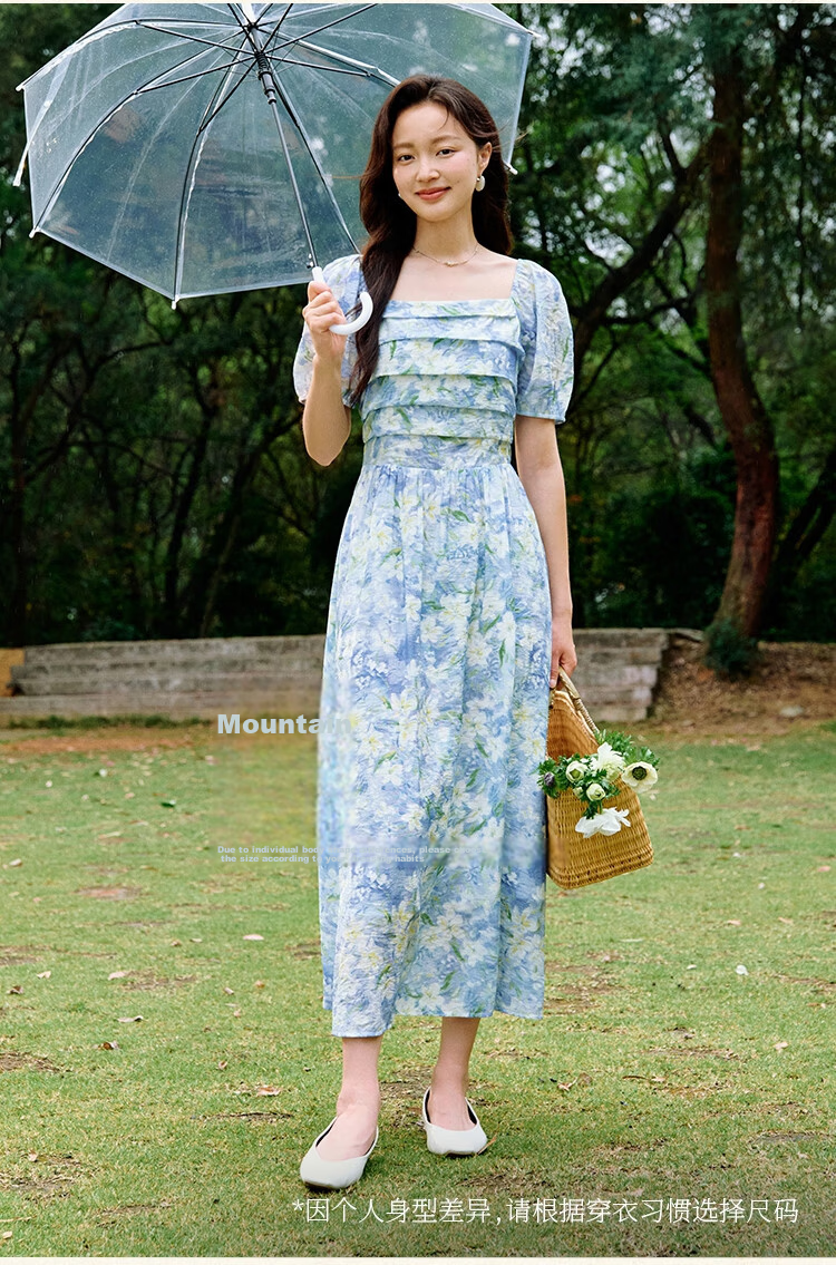 Inman Vacation Style Seaside Print Dress Summer Women's Square Neck Puff Sleeve Waist Cinched Long Dress Glaze Blue S 15