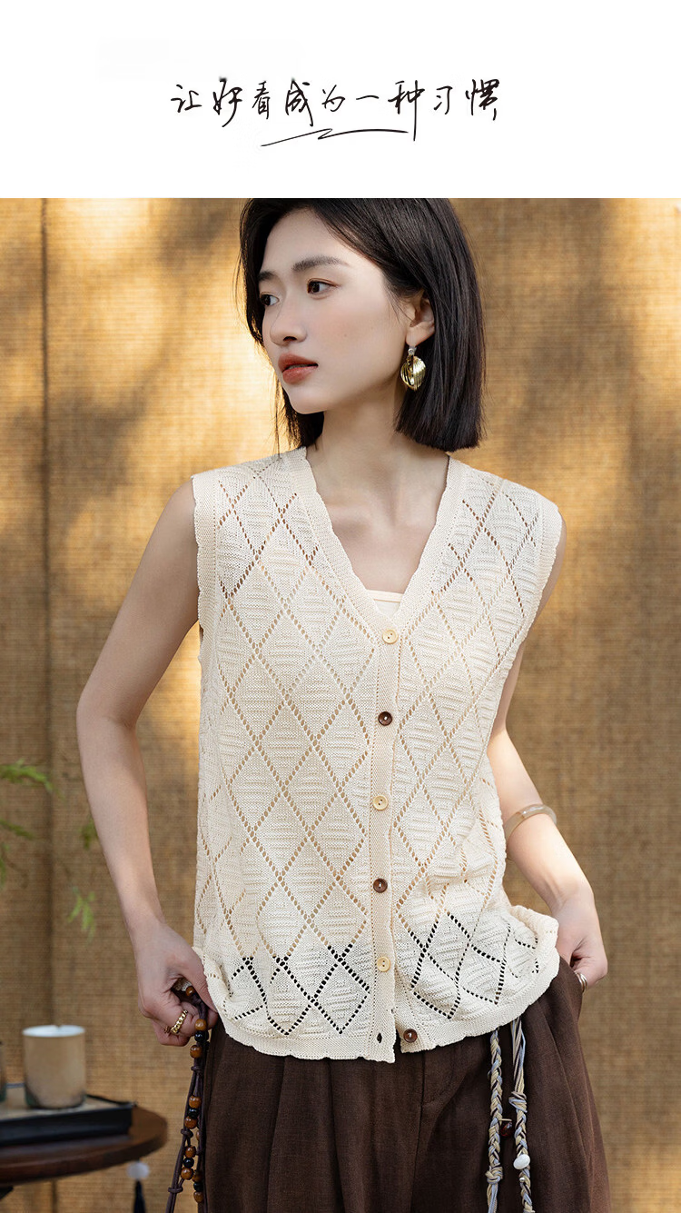 Demana [With Mulberry Silk/Sheep Wool] Summer V-Neck Diamond Pattern Hollow Jacquard Sleeveless Knit Top for Women Premium Feel 1