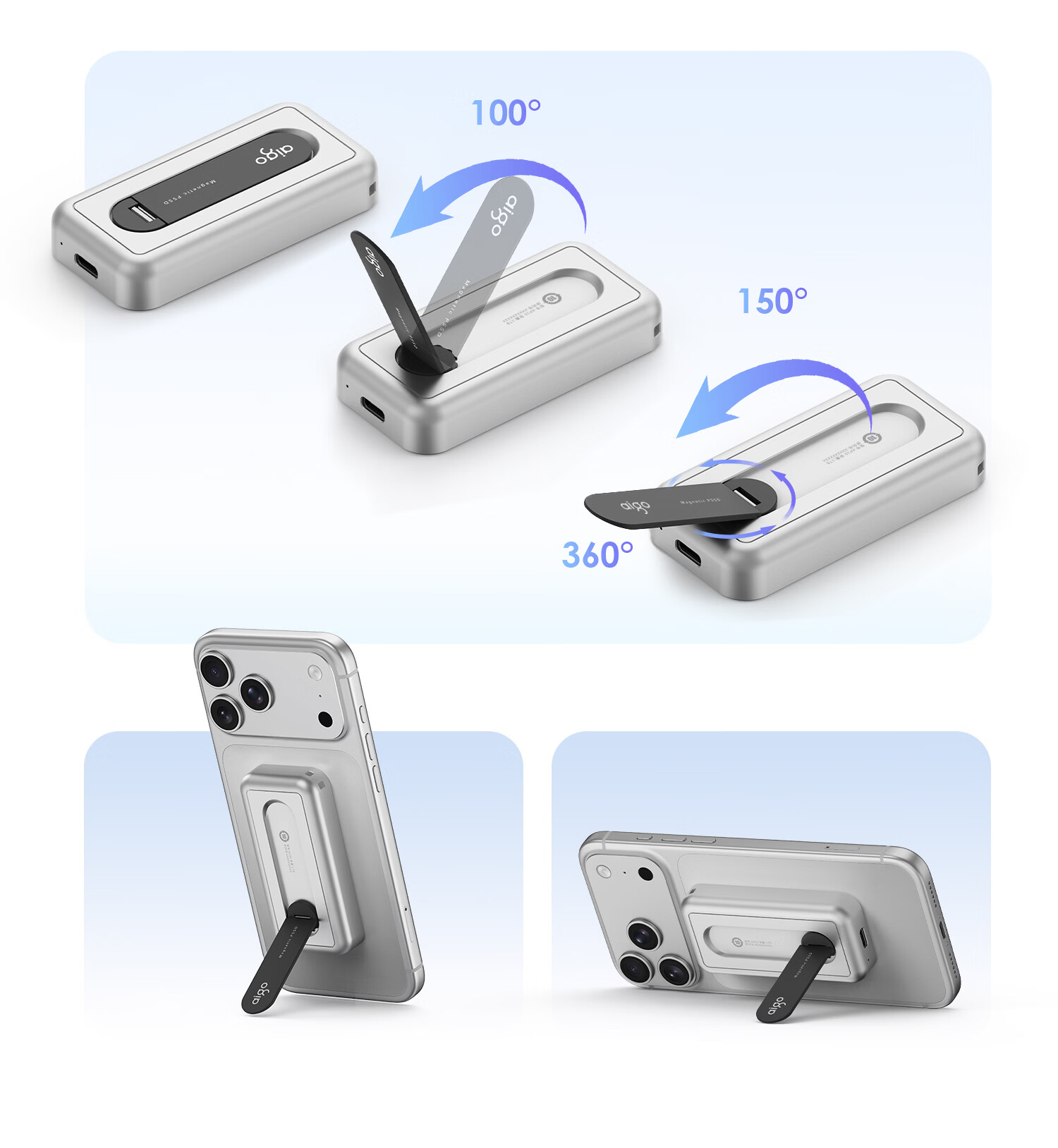 Aigo 2TB Type-C Magnetic Portable SSD USB 3.2 520MB/s AP20 Large Capacity Mobile Phone Stand Function App Backup 30