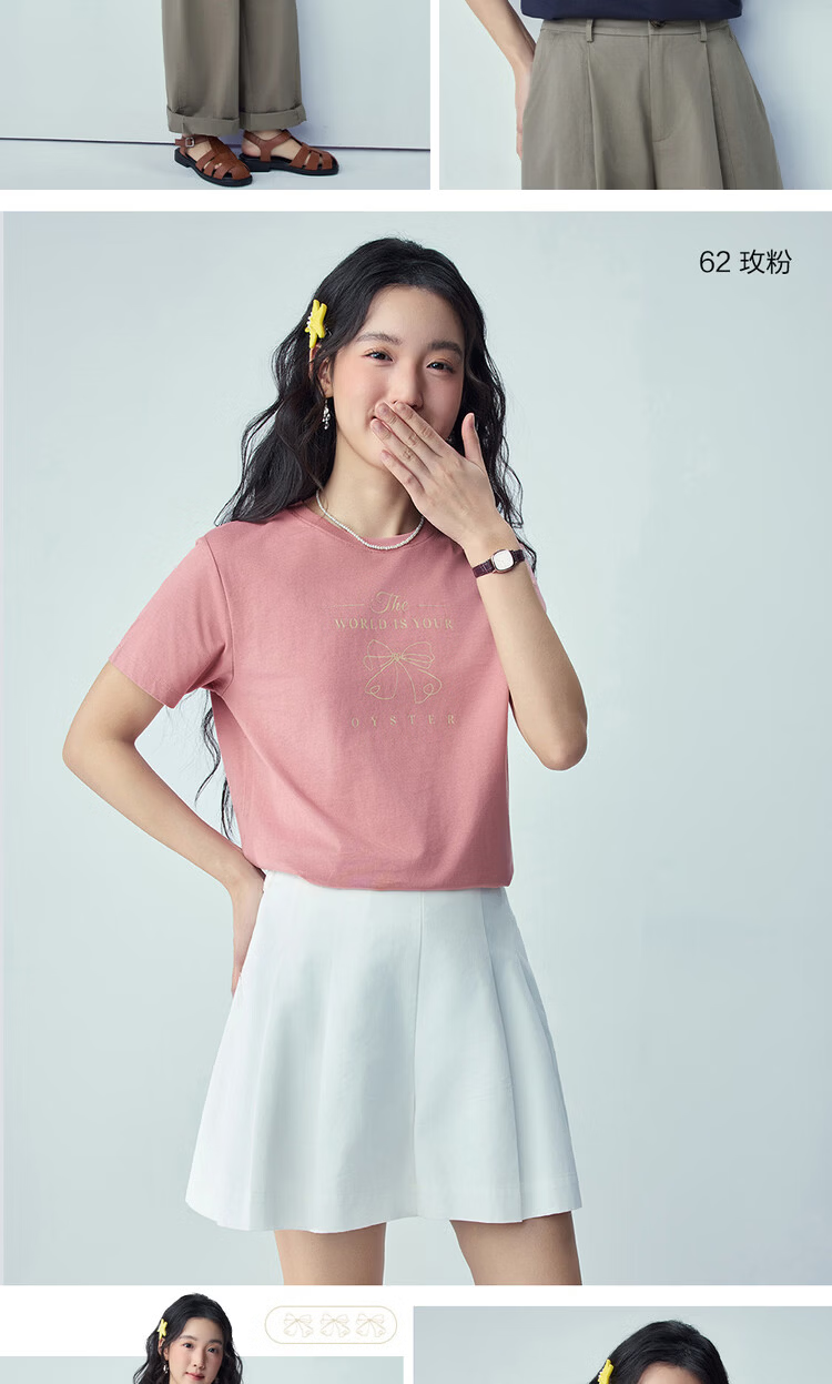 Giordano Women's Short Sleeve T-Shirt New Pure Cotton Sweet Bowknot Print Round Neck Top 13396303 15