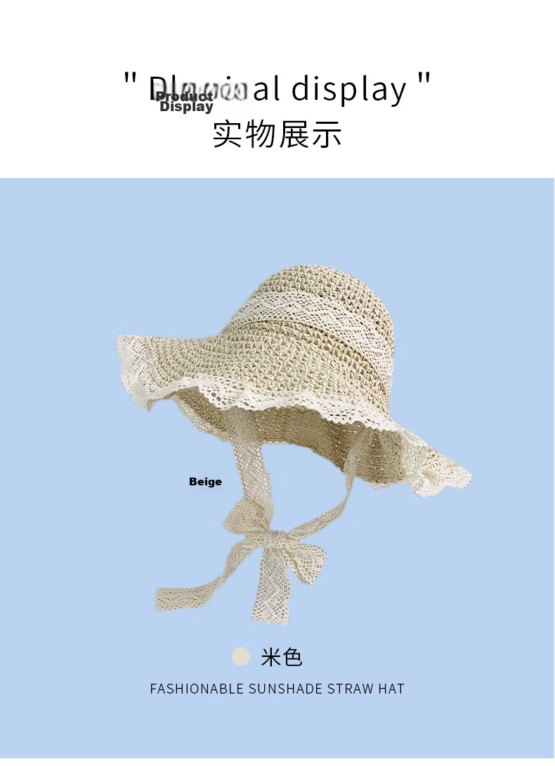 FitonTon Women's Summer Sun Hat Beach Outdoor Straw Hat Korean Style Travel Sun Hat with Tie Hollow Lace Edge Straw Braided Hat 14
