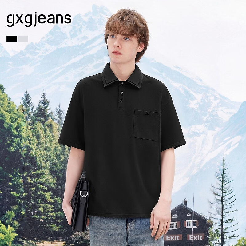 Gxgjeans Men's Simple Commuter Double Collar Lapel Short Sleeve Polo Shirt 26 Summer New Black 180/XL