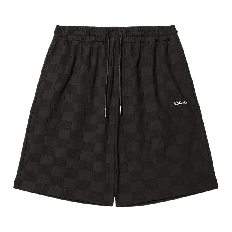 CABBEEN Men's Checkered Jacquard Sports Shorts, Summer Wide-Leg Sweatpants with Embroidery Trend, Coal Black, Size 54