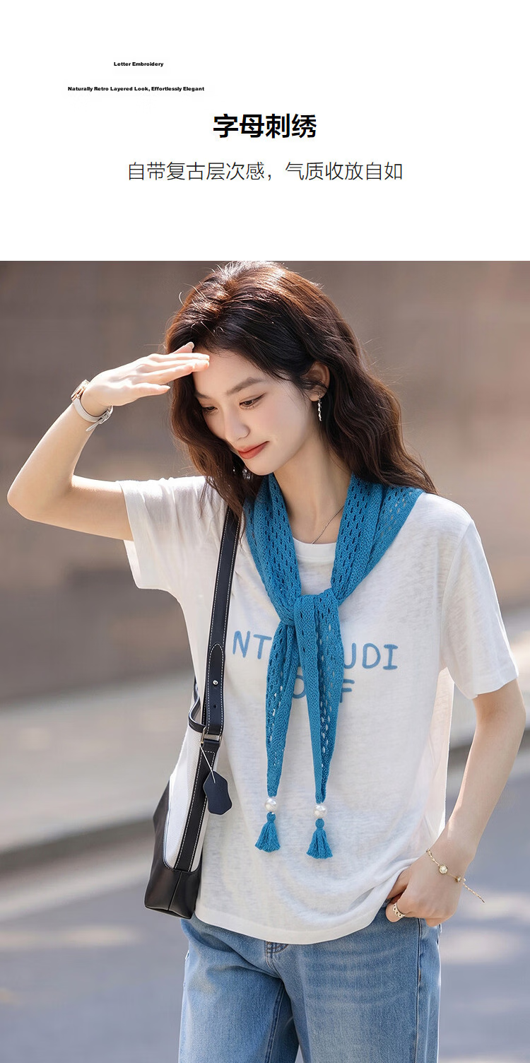 Demana [Comfort Cloud Cotton] Summer Urban Minimalist Style Scarf Letter Embroidery Slim Fit Short Sleeve T-Shirt for Petite Women 7