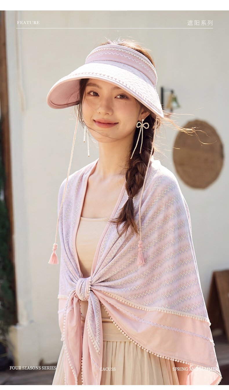 CACUSS Ice Silk Sun Protection Hat for Women Summer Large Brim Open Top Lightweight Breathable Outdoor Sunshade Hat with Shawl Set Pink Rose 5