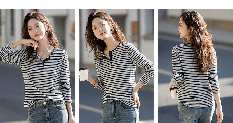 Demana [Smooth Lyocell] Summer Lazy Colorblock Stripe Henley Collar Long Sleeve Loose Slim Fit Versatile Women's T-Shirt 6