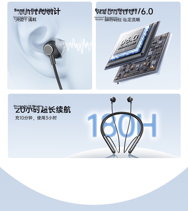 Viken 2026 Latest Model Neckband Bluetooth Earphones Semi-In-Ear Comfortable Wireless Sports Running Waterproof Long Battery Life Noise Cancelling Call Compatible with Apple Xiaomi 5