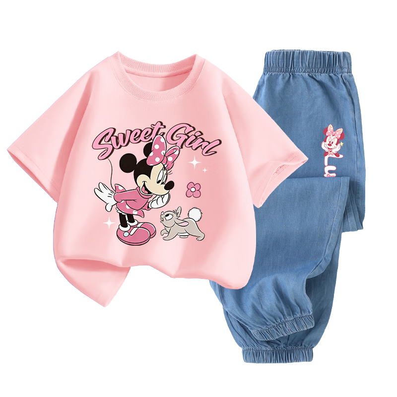 Disney Kids Set Short Sleeve Cotton Tencel Jeans DiTu T Pink + DiTian K Dark Blue 160
