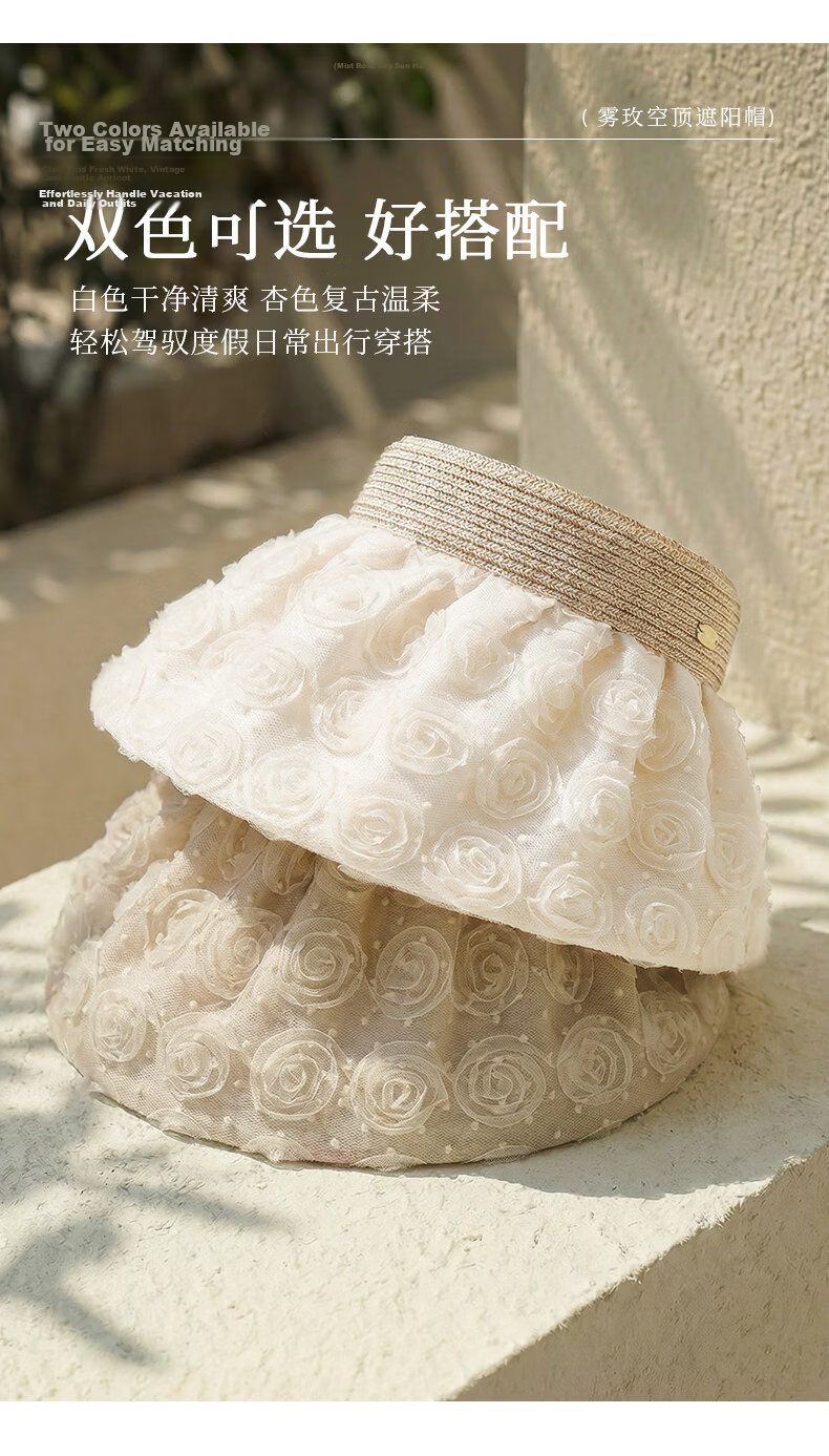 CACUSS Large Brim Shell Open-Top Hat for Women Summer Outdoor Face-Slimming Sun Hat Vacation Style White 6