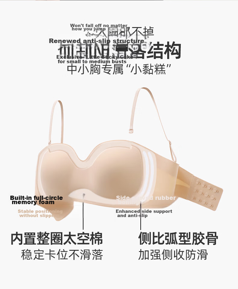 Xia Xiaonian Cake Seamless Strapless Bra for Small to Medium Bust, Nude, Size S (70A/70B/65C) 3