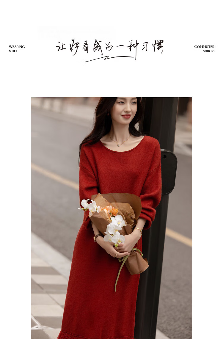 Demana Warm Soft Yarn Winter Elegant Round Neck Drop Shoulder Cuff Tassel Women's Knit Dress 7