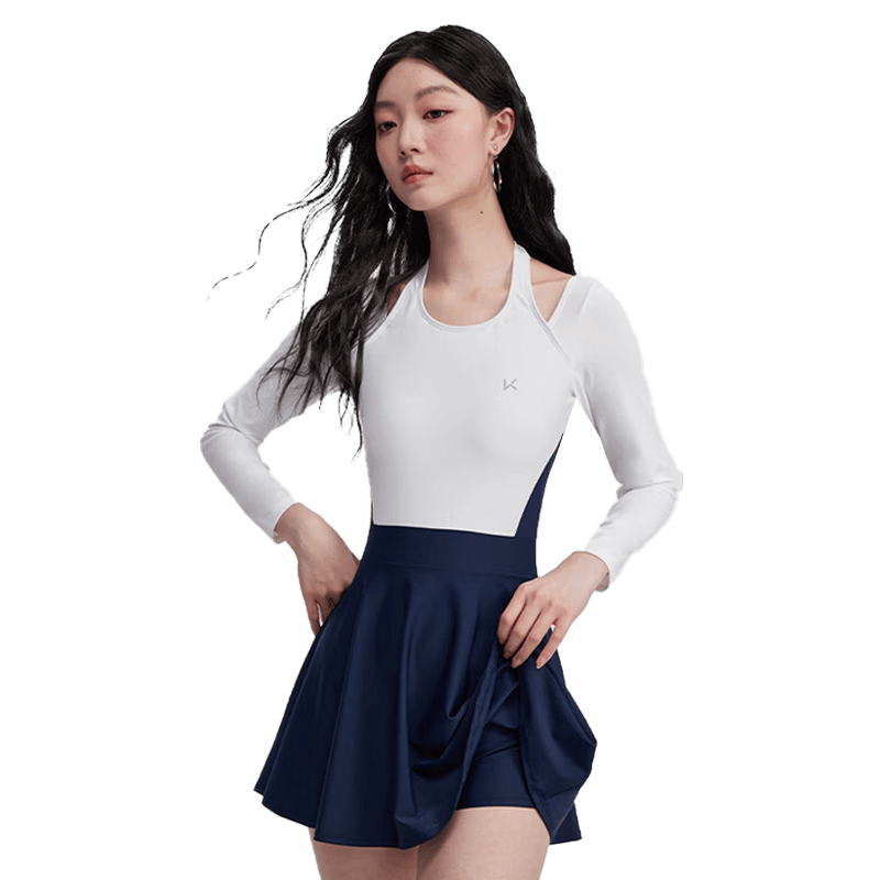 Keep Women's One-Piece Skirted Conservative Slimming Tummy Control Professional Training Swimsuit Black and White Colorblock XL