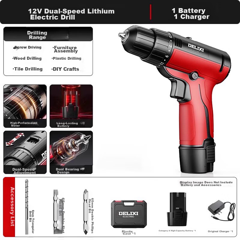 DELIXI ELECTRIC Cordless Electric Drill Lithium Battery Dual-Speed Handheld Drill Household Multifunctional Electric Screwdriver 12V Practical One Battery