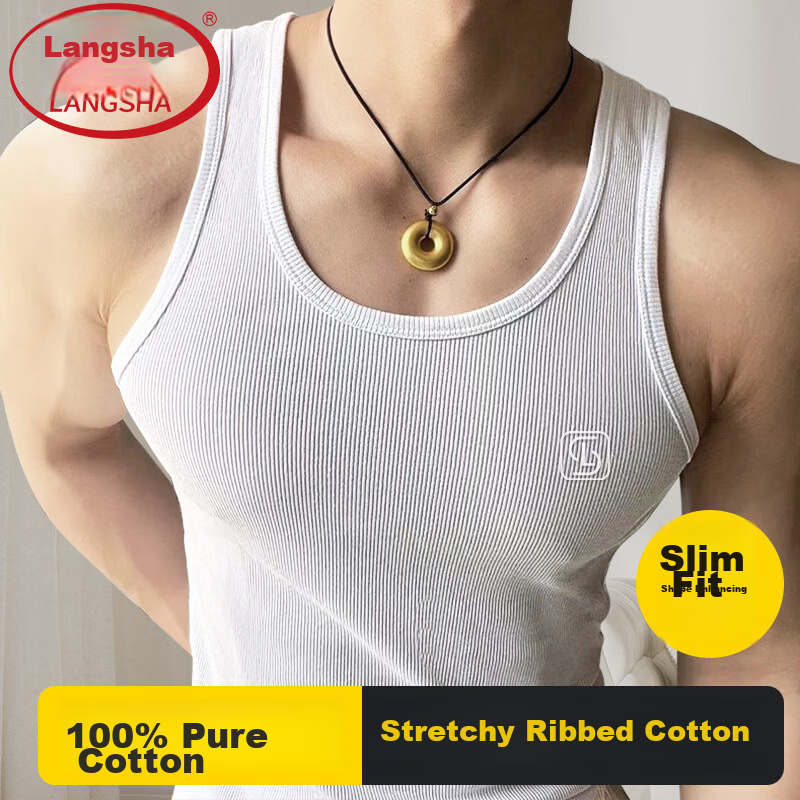 Langsha Men's Pure Cotton Thin Ribbed Sleeveless Sports Fitness Sweat-Absorbing Breathable Tank Top