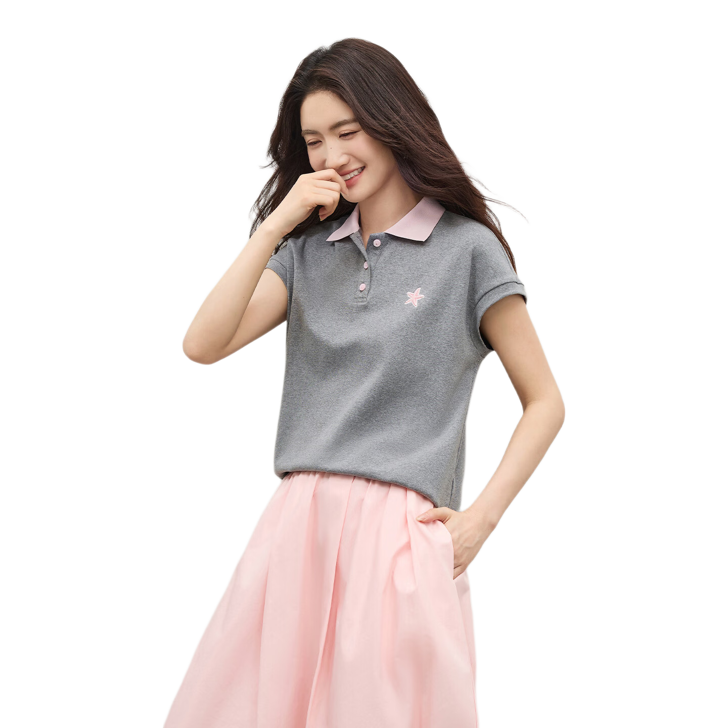 Shangdu Bila Korean Style Colorblock Cotton Polo Collar T-Shirt Women Summer Three-Button Knit Top Loose Slimming Youthful Layering