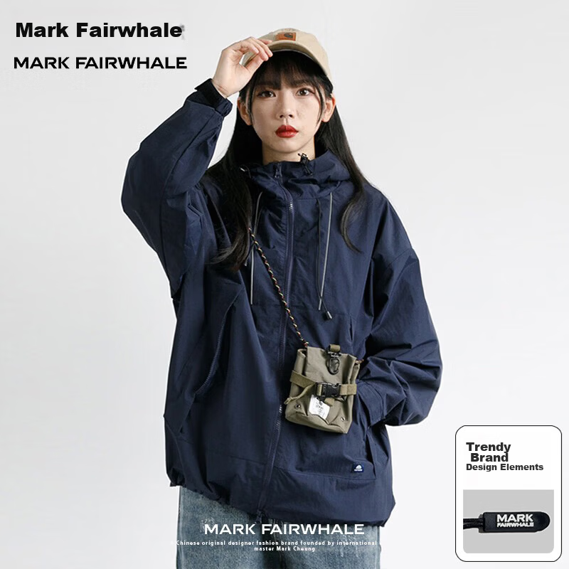 Mark Fairwhale Japanese Style Hooded Outdoor Workwear Zip-Up Large Pocket Windbreaker Jacket Unisex Loose Short Coat for Men and Women