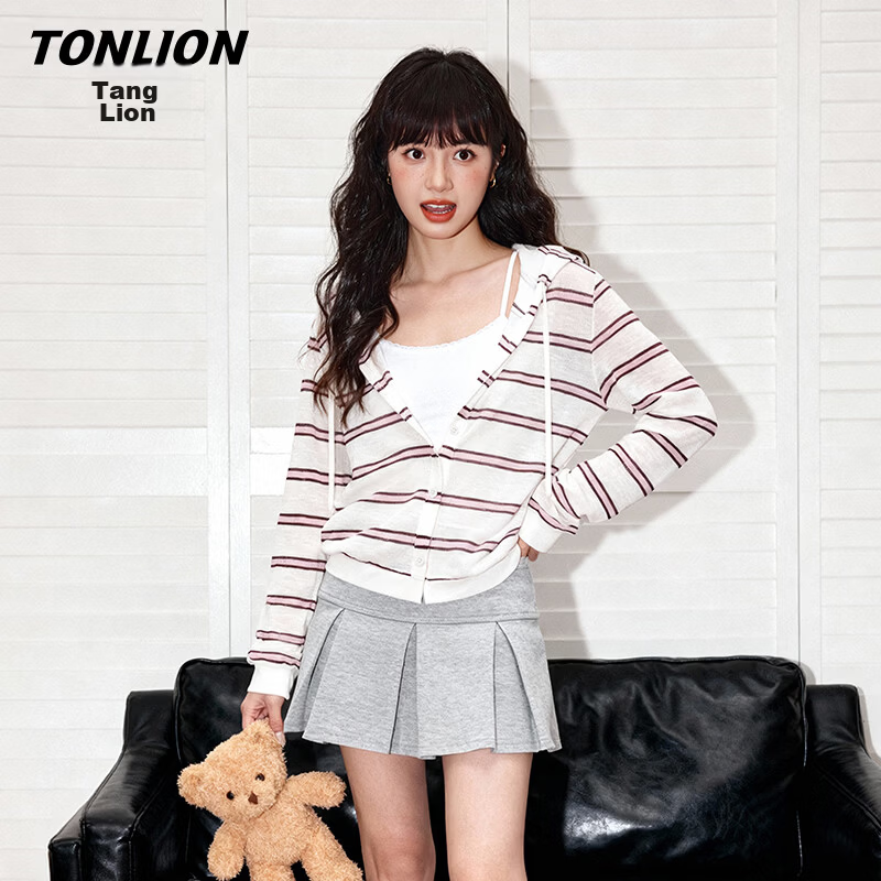 TonLion Women's Hooded Jacket Spring Summer Breathable Cool Striped Design Petite Short Long Sleeve Cardigan