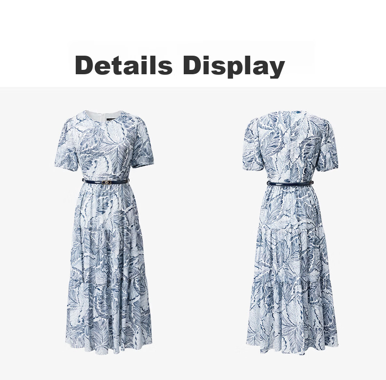 Yanyu Printed Short Sleeve Dress Women's 2026 Summer Retro Commuter Mid-Length Round Neck Dress Blue Floral S 15