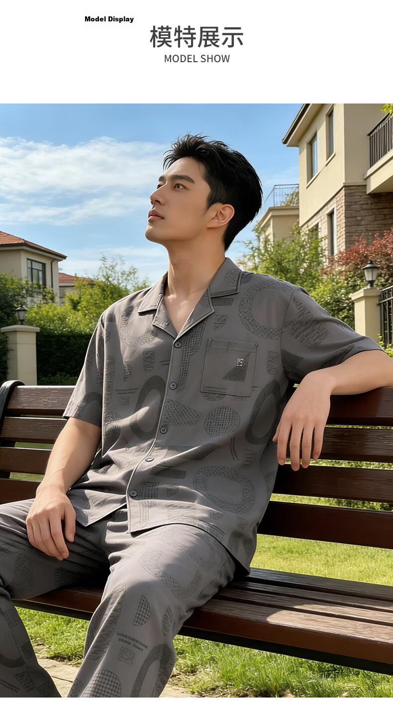 Hengyuanxiang 100% Cotton Men's Pajamas Polo Collar Cardigan Antibacterial Mite-Resistant Short Sleeve Long Pants Summer Casual Homewear Suitable for Outdoors 6